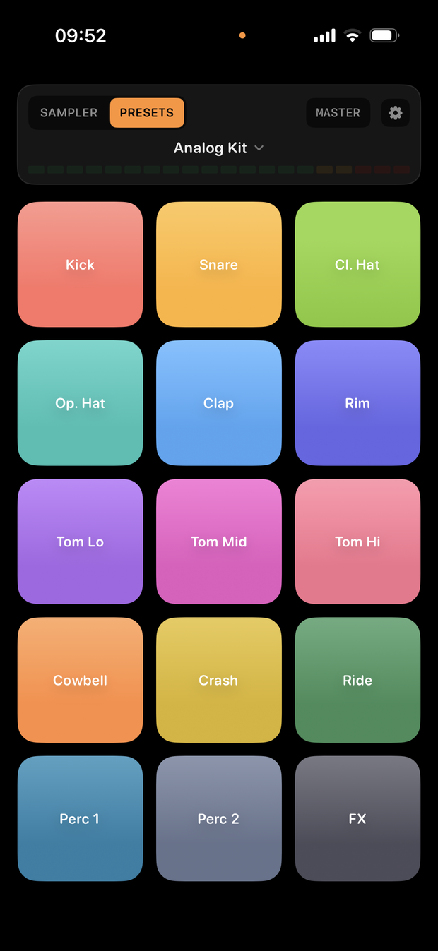 BeatPad Live Sampler screen with a 15-pad finger drums grid for beatmaking
